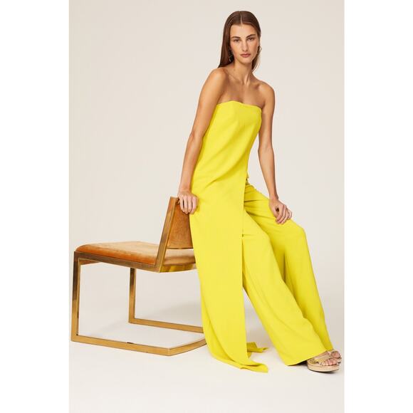 HALSTON Yellow Lil Crepe Strapless Overlay Side Zipper Jumpsuit Dress Size 2 - Picture 2 of 16